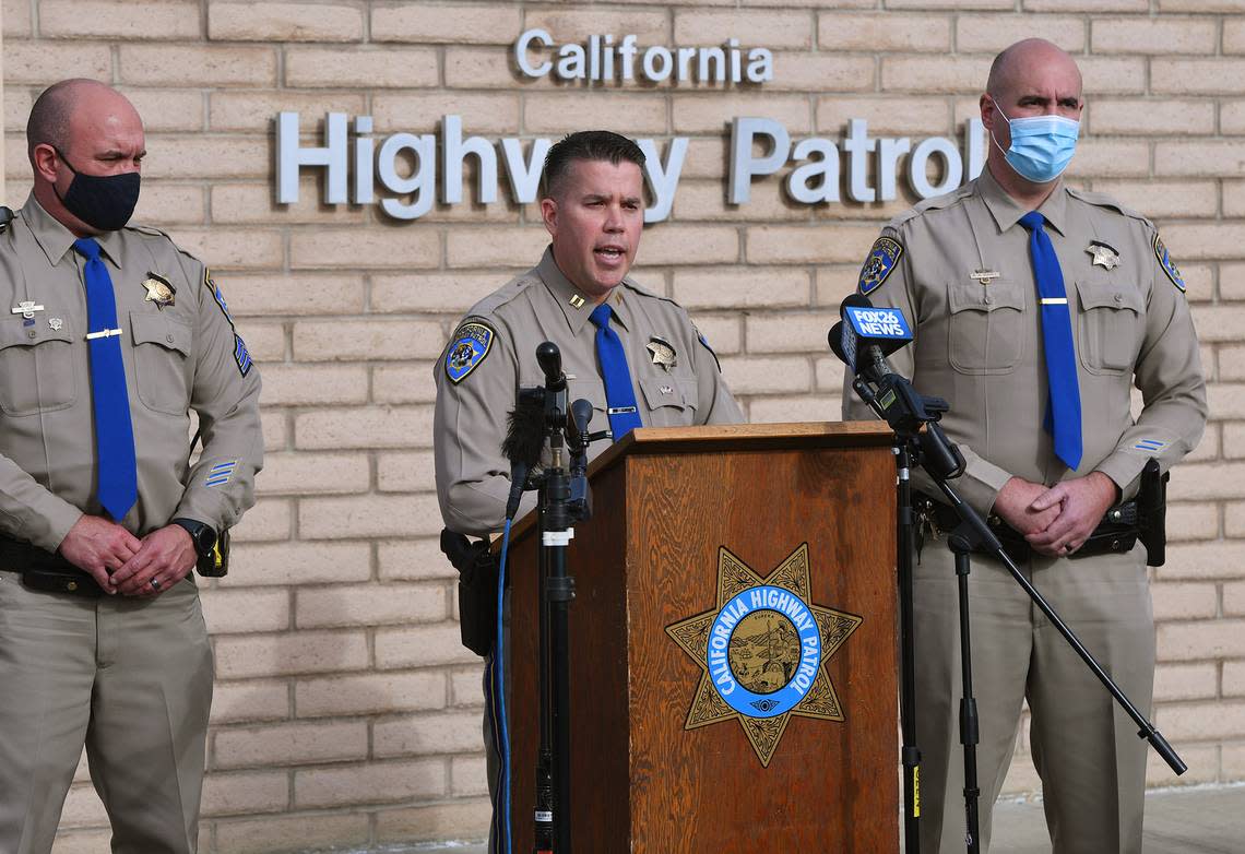 California Highway Patrol Captain Kevin Clays on Saturday, Jan. 2, 2021, provides details of Friday night’s crash that killed nine people, including seven children, along Highway 33.