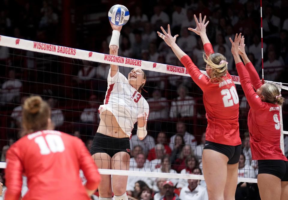 Wisconsin outside hitter Sarah Franklin (13) is the fifth Badger named first-team All-American by the American Volleyball Coaches Association.
