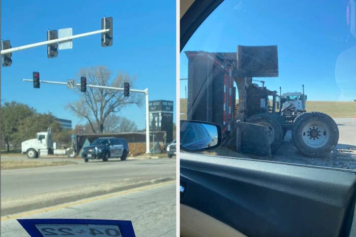 A semi dipped over with dirt all around the street