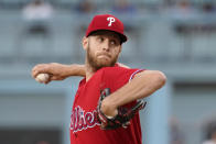 Philadelphia Phillies starting pitcher Zack Wheeler throws to the plate during the first inning of a baseball game against the Los Angeles Dodgers Wednesday, June 16, 2021, in Los Angeles. (AP Photo/Mark J. Terrill)