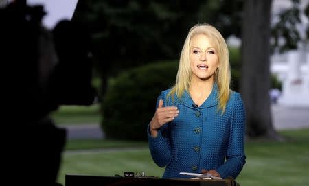 Trump senior advisor Kellyanne Conway speaks about the firing of FBI Director James Comey at the White House in Washington, U.S., May 10, 2017. REUTERS/Kevin Lamarque/Files