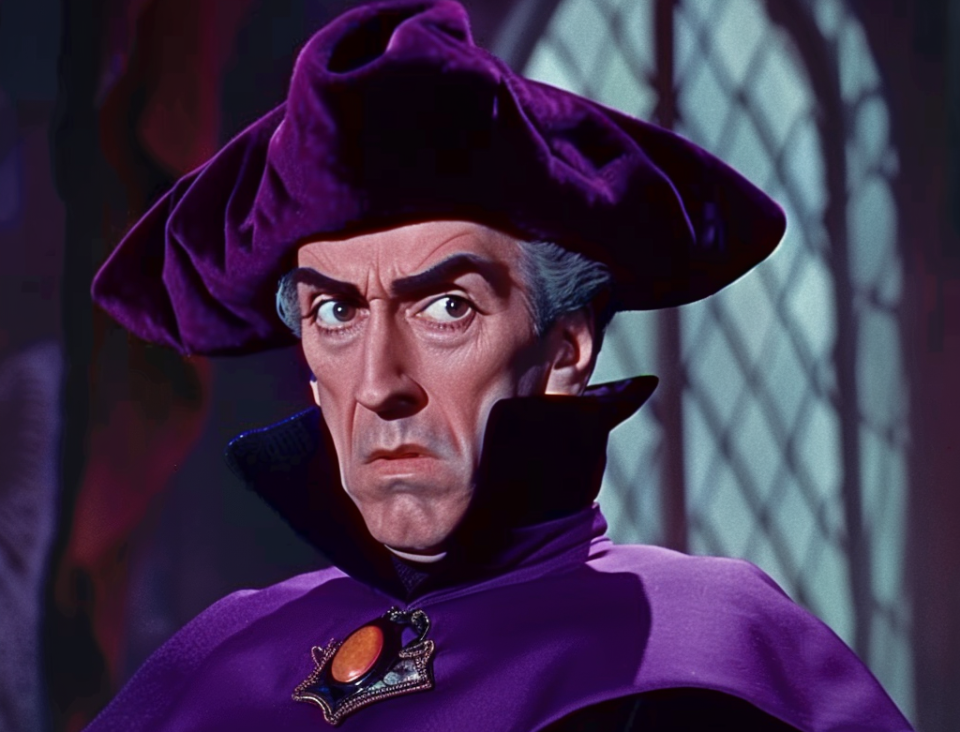 Animated character Judge Claude Frollo from Disney's "The Hunchback of Notre Dame" in a purple robe with a stern expression