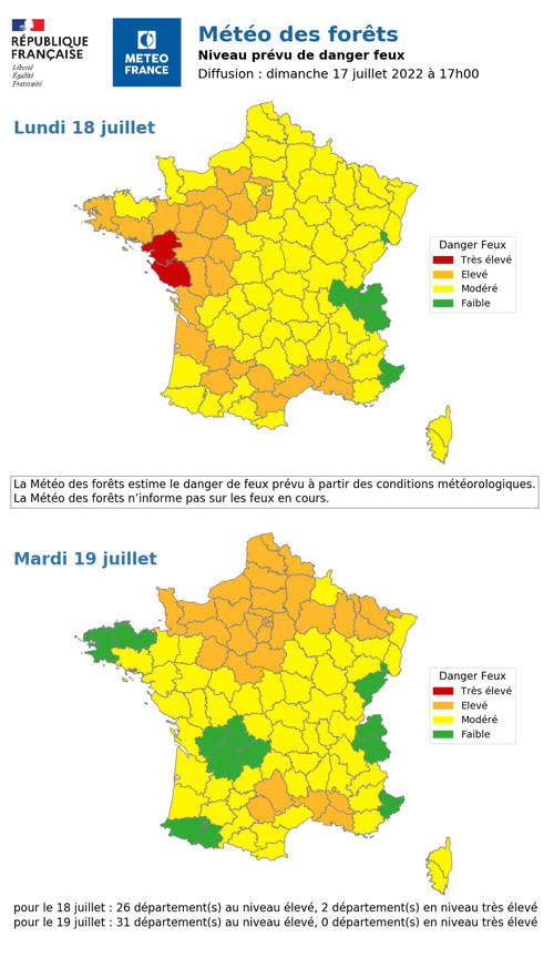 La météo des forêts telle qu’elle aurait été publiée pour les 18 et 19 juillet 2022 par Météo France.