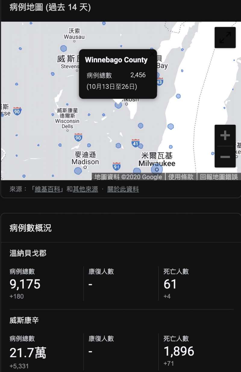 威斯康辛州的新冠疫情。（翻攝google）