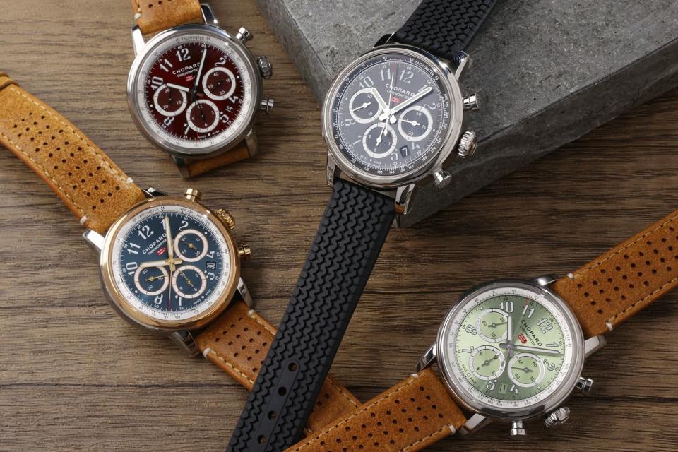 蕭邦2023年的Mille Miglia Classic Chronograph經典計時碼錶，面盤顏色非常誘人，除了有正統「賽車黑」之外，還淺綠色、櫻桃紅和灰藍色錶盤，都是從古董車漆面與內飾取靈感。定價約NT$335,000。