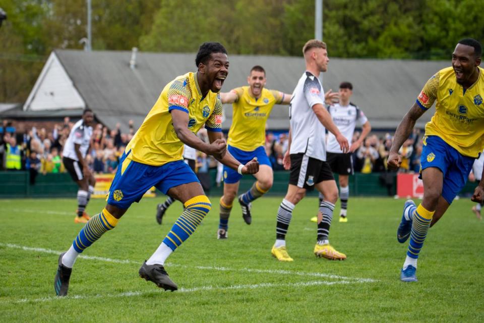Isaac Buckley-Ricketts will go down in Warrington Town folklore for his winning goal in the Northern Premier League Premier Division play-off final against Bamber Bridge in May 2023 <i>(Image: Jonathan Moore)</i>