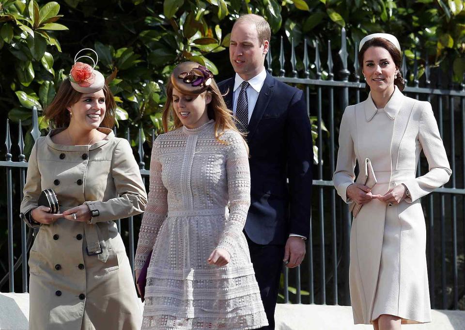 <p>Princess Eugenie, Princess Beatrice, Prince William and Kate Middleton arrive at Easter mass in 2017, with neutral colors being the trend.</p>