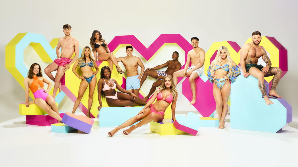 Pictured: Sharon Gaffka, Hugo Hammond, Chloe Burrows, Shannon Singh, Kaz Kamwi, Brad McClelland, Faye Winter, Aaron Francis, Toby Aromolaran, Liberty Poole and Jake Cornish. (ITV)