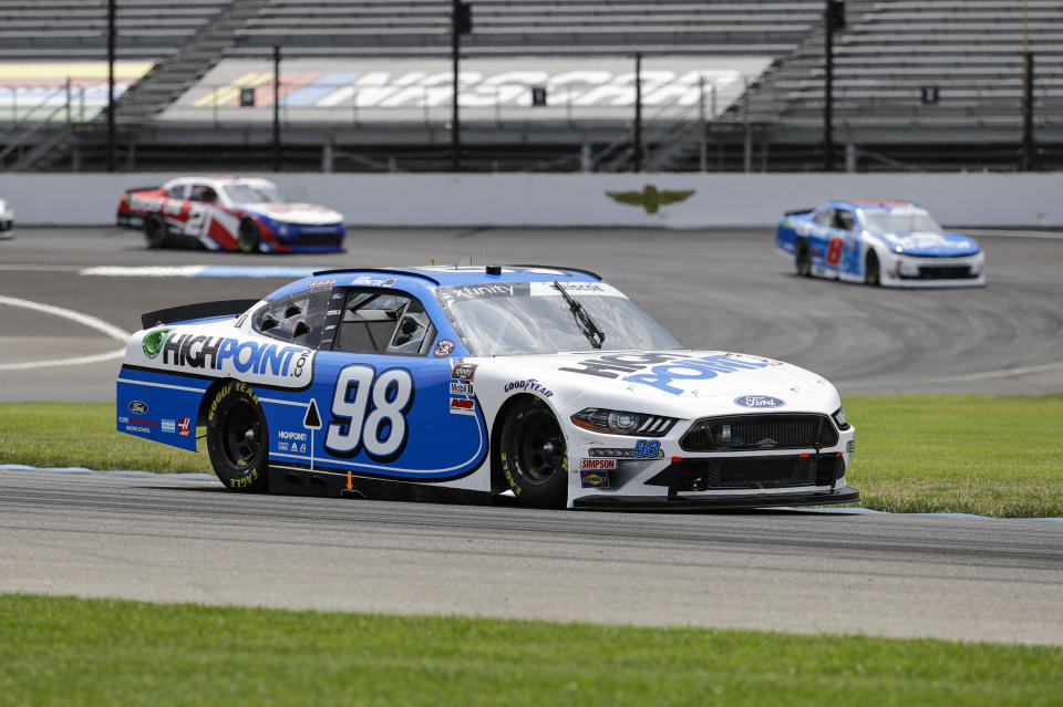 NASCAR Xfinity Series driver Chase Briscoe drives through a turn during the NASCAR Xfinity Series auto race at Indianapolis Motor Speedway in Indianapolis, Saturday, July 4, 2020. (AP Photo/Darron Cummings)