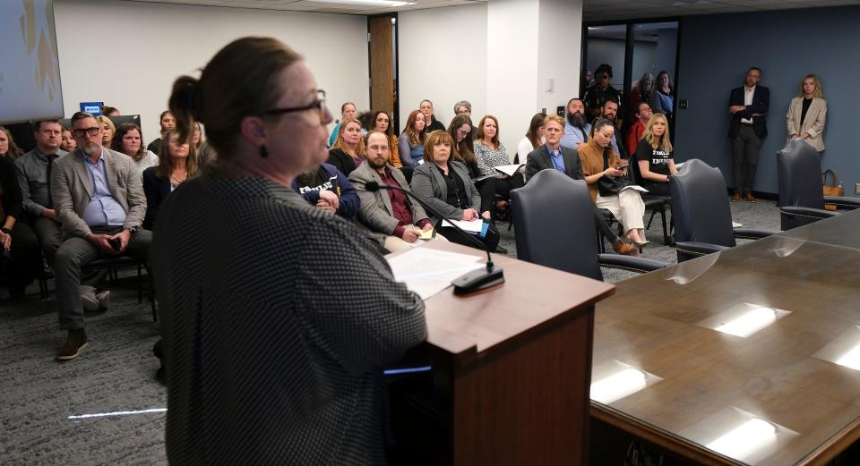 Jennifer Wilkinson, head of school at Insight School of Oklahoma, speaks in Nov. 15 against a proposed change in state rules she said would effectively shut down the state's only alternative virtual charter school. The proposal appeared Wednesday to have been amended before consideration by the Oklahoma State Board of Education, and Wilkinson applauded the revision.