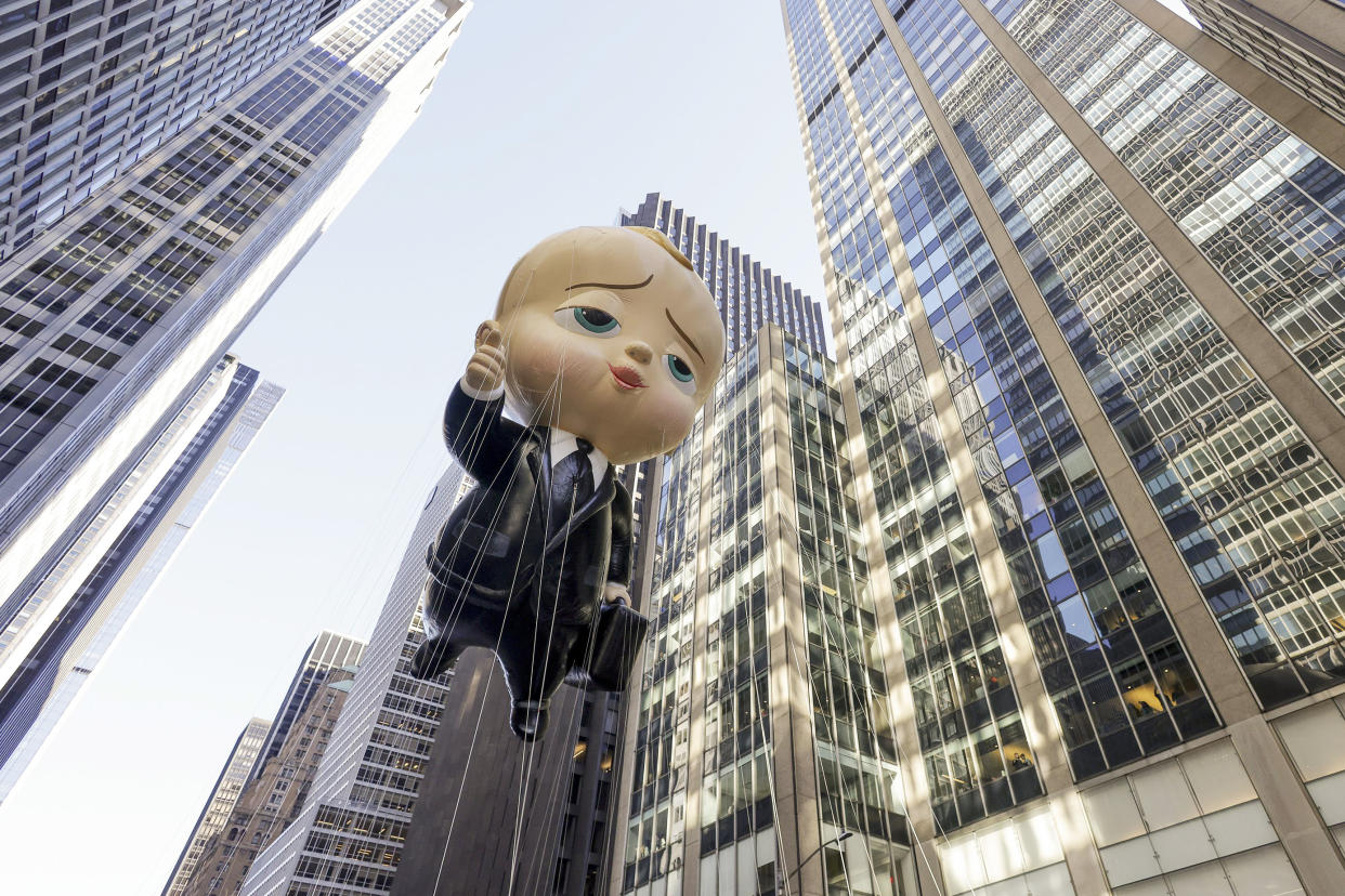 The Boss Baby balloon makes its way down Sixth Avenue during the Macy's Thanksgiving Day Parade, Thursday, Nov. 24, 2022, in New York. (Jeenah Moon / AP)