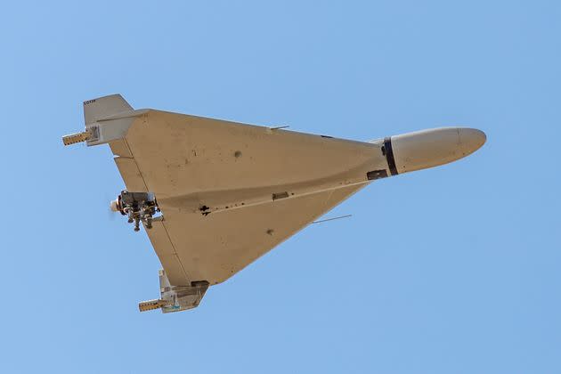 Iranian-made Shahed-136 'Kamikaze' drone flies over the sky of Kermanshah, Iran on March 7, 2024. (Photo by Anonymous / Middle East Images / Middle East Images via AFP) 