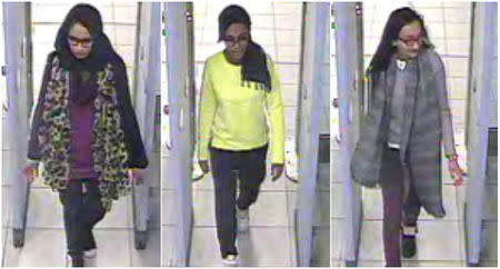 British teenage girls Shamima Begun, Amira Abase and Kadiza Sultana (L-R) walk through security at Gatwick airport before they boarded a flight to Turkey on February 17, 2015, in this combination picture made from handout still images taken from CCTV and released by the Metropolitan Police on February 22, 2015. REUTERS/Metropolitan Police/Handout via Reuters