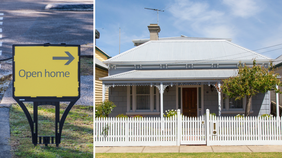 Open home sign. Australian house. Home value concept.