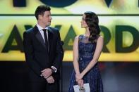 SANTA MONICA, CA - JANUARY 10: Presenters Cory Monteith (L) and Emmy Rossum speak onstage at the 18th Annual Critics' Choice Movie Awards held at Barker Hangar on January 10, 2013 in Santa Monica, California. (Photo by Kevin Winter/Getty Images)