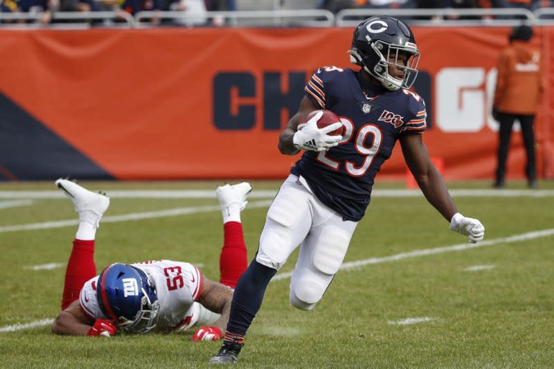 Former Chicago Bears running back Tarik Cohen (R) totaled a career-high 1,169 yards from scrimmage and eight touchdowns in 2018. File Photo by Kamil Krzaczynski/UPI