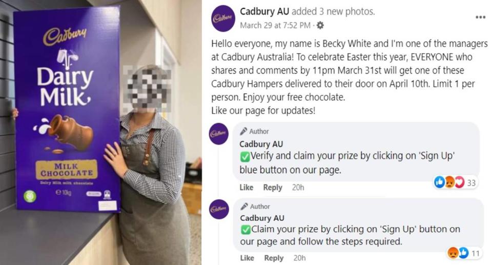 Photo with blurred face of person holding Cadbury chocolate, also post contents and comments. Source: Facebook