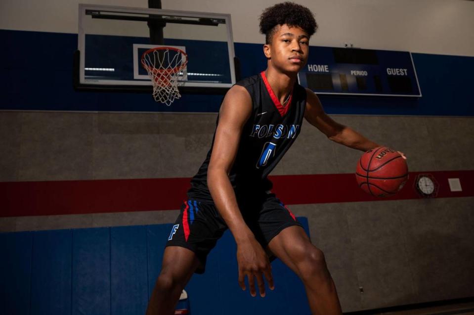 Jaylen Wells, The Bee’s 2021 basketball boys Player of the Year for boys, is photographed at of Folsom High School in 2021.