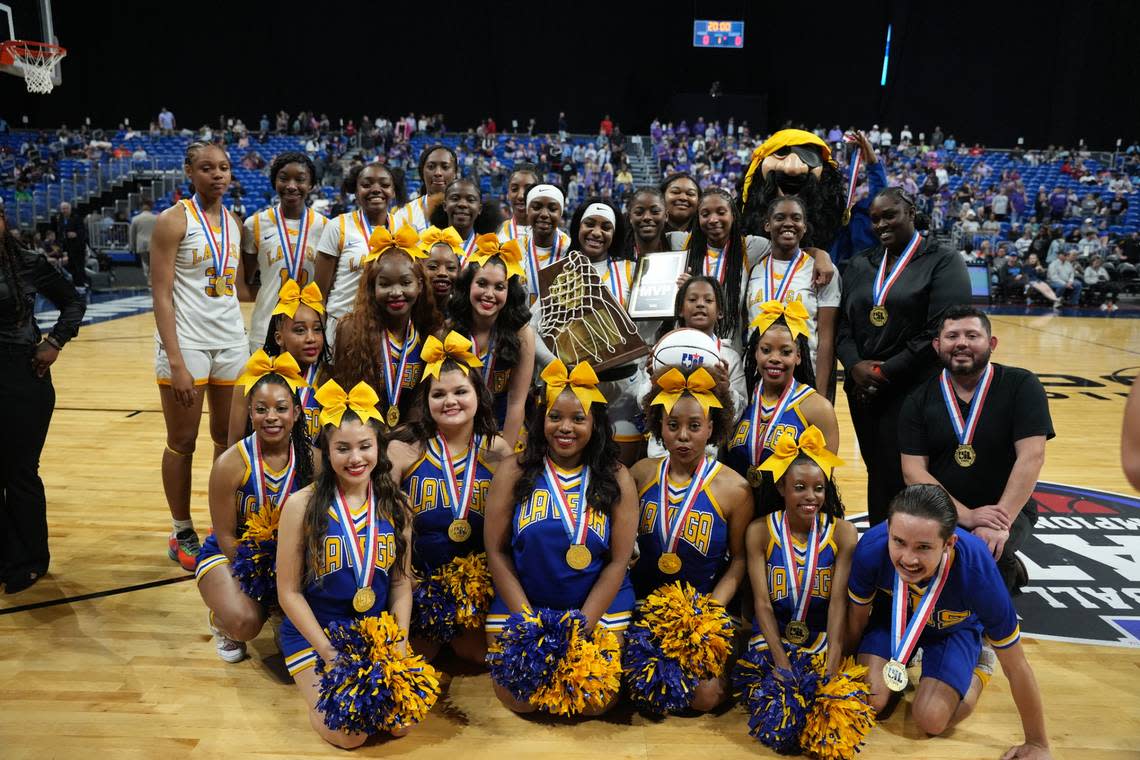 The Waco La Vega girls basketball team poses after winning the Class 4A state championship game on Saturday, March 2, 2024 at the Alamodome in San Antonio, Texas. La Vega held off Canyon 45-36.
