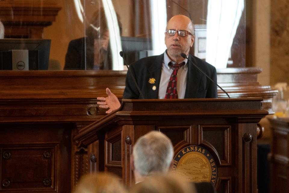 House Minority Leader Rep. Tom Sawyer, D-Wichita, addresses the House during the final day of the 2022 legislative session Monday at the Statehouse.