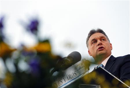 Hungarian Prime Minister Viktor Orban delivers a speech during the opening ceremony of a swimming pool in Cegled March18, 2014. REUTERS/Laszlo Balogh