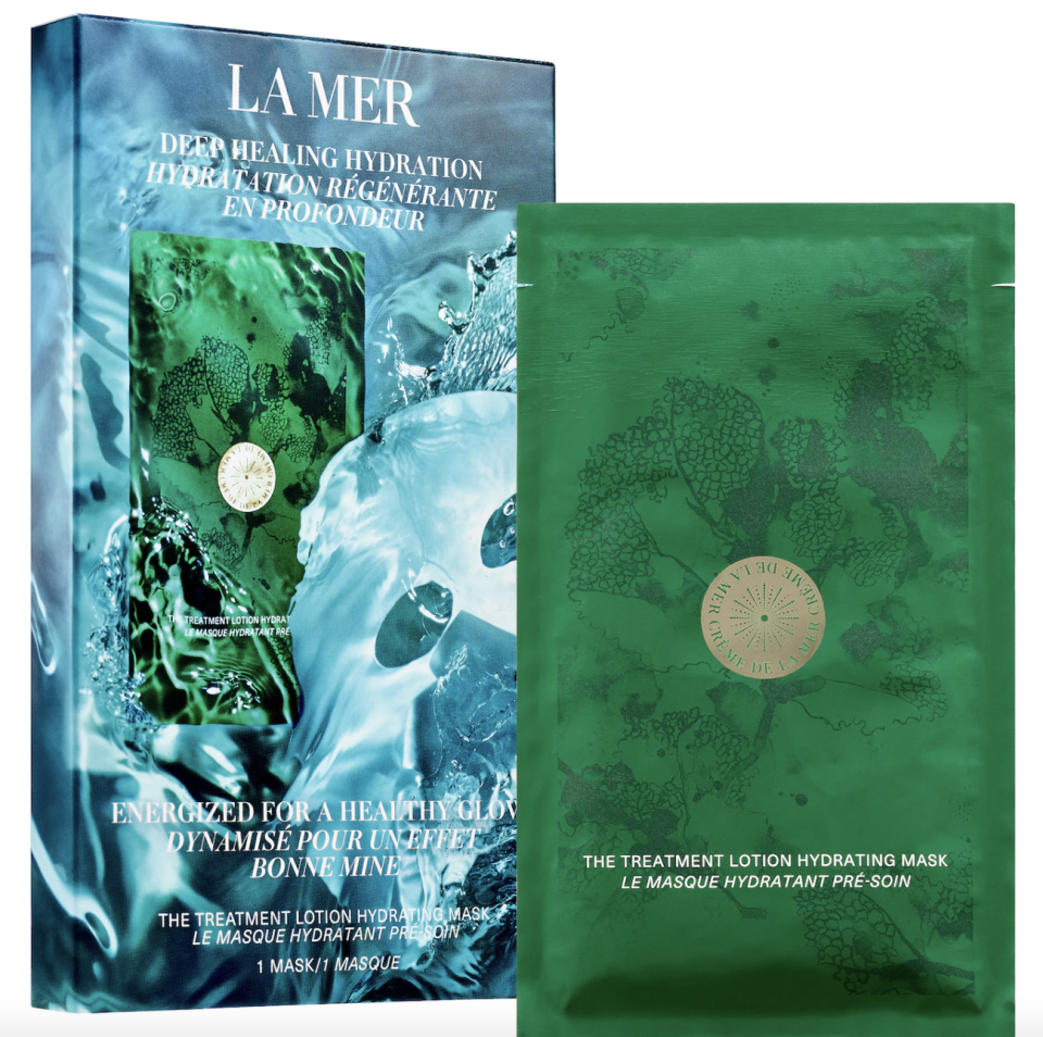 La Mer Treatment Lotion Hydrating Mask in green with blue package (Photo via Sephora)