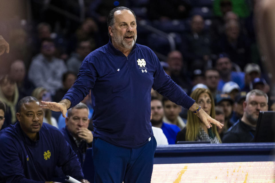 Notre Dame head coach Mike Brey during the first half of an NCAA college basketball game against North Carolina Wednesday, Feb. 22, 2023, in South Bend, Ind. (AP Photo/Michael Caterina)