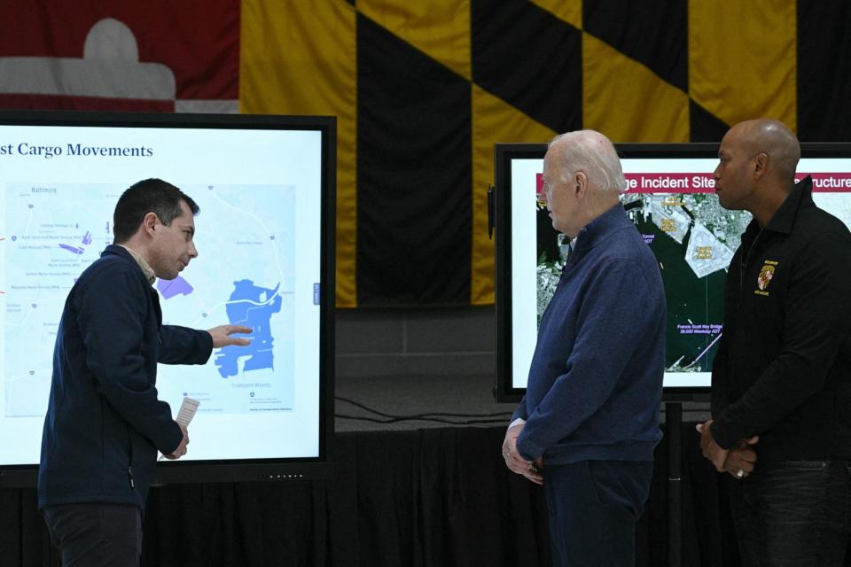 PHOTO: President Joe Biden, with Maryland Governor Wes Moore, listens to Transportation Secretary Pete Buttigieg during an operational briefing on the response and recovery efforts for the collapsed Francis Scott Key Bridge in Baltimore, on April 5, 2024. (Brendan Smialowski/AFP via Getty Images)