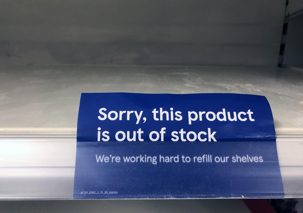 An empty shelf is out of stock on packets of flour in a Tesco store in London, as the UK continues in lockdown to help curb the spread of the coronavirus. Picture date: Wednesday Apr 15, 2020.