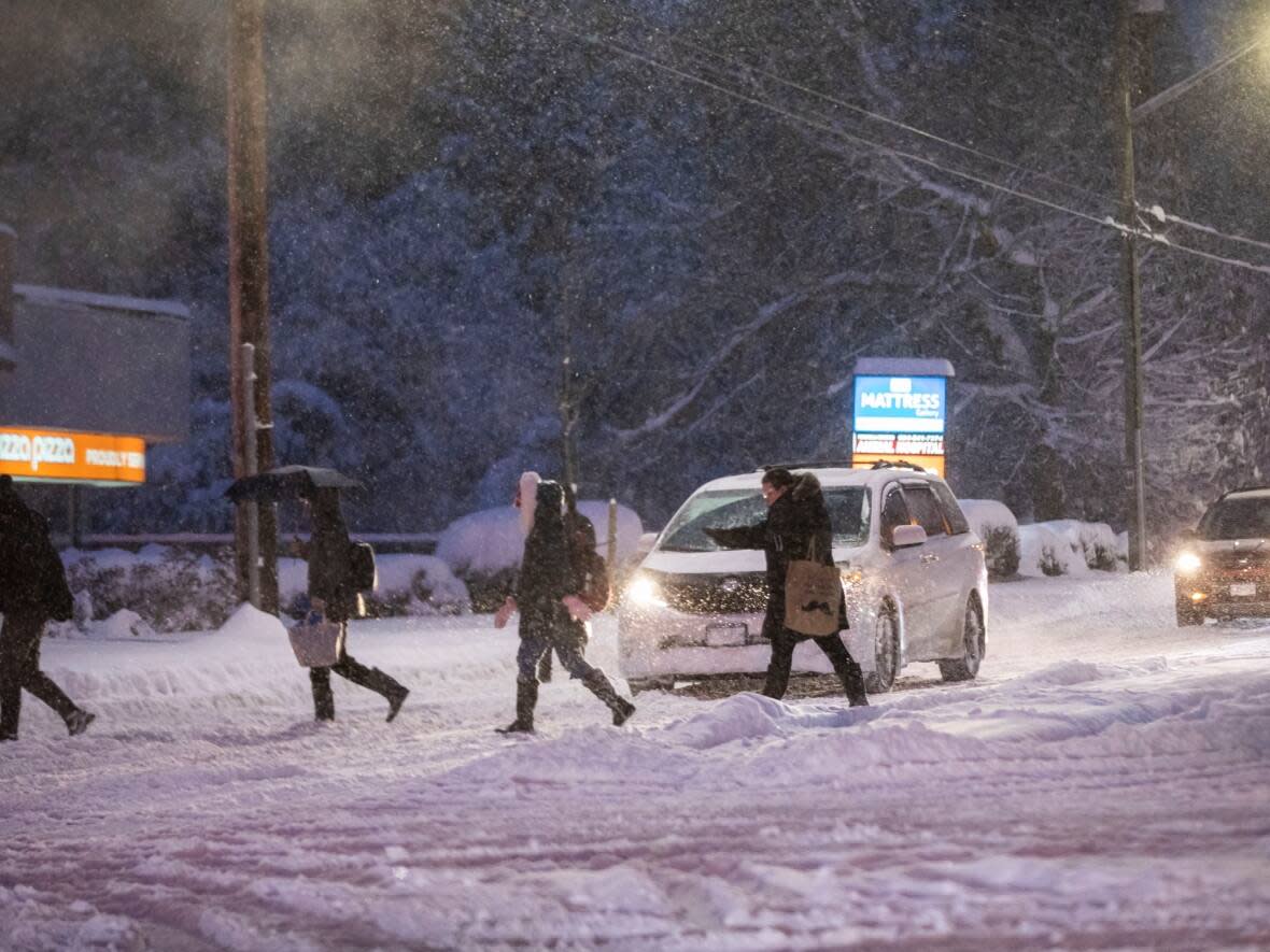 People try to make their way across the street as heavy snow limits visibility and makes travel difficult in Surrey, B.C., on Dec. 20, 2022. (Ben Nelms/CBC - image credit)