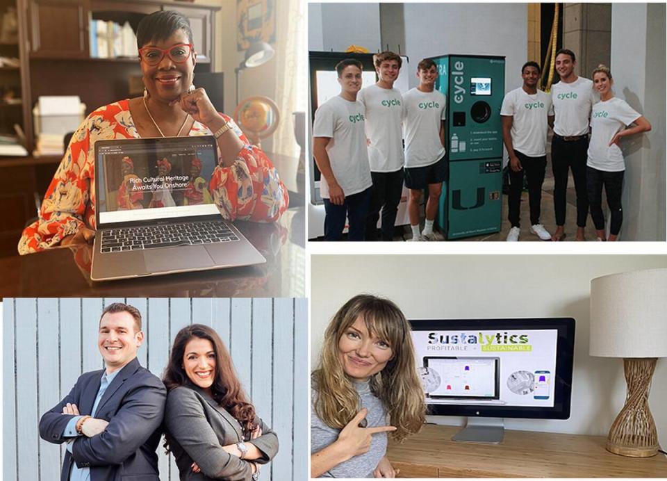 2020 winners in the Miami Herald Startup Pitch Competition included, from top left, Culture onShore from Stephanie Jones; Cycle Technologies; Sustalytics founded by Julie Evans; and Biller Genie, from founder Thomas Aronica and President Garima Shah.