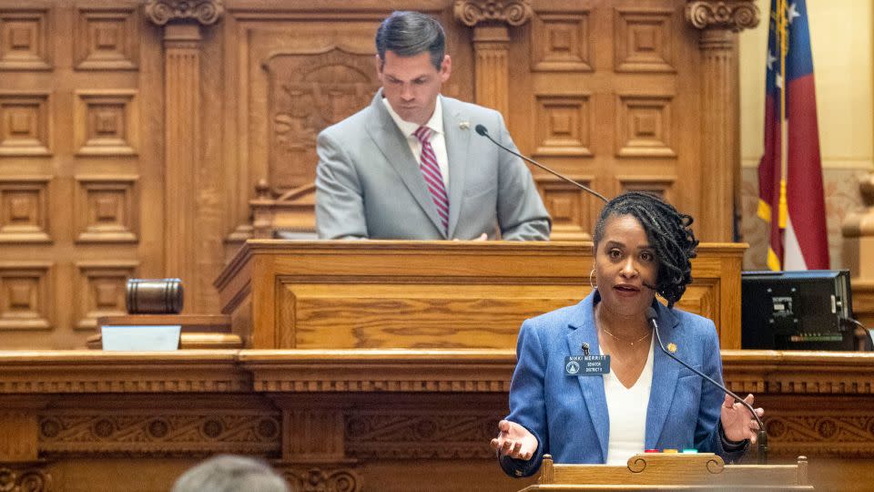 Sen. Nikki Merritt speaks at the Georgia State Capitol in Atlanta in February 2021. - Alyssa Pointer/AP