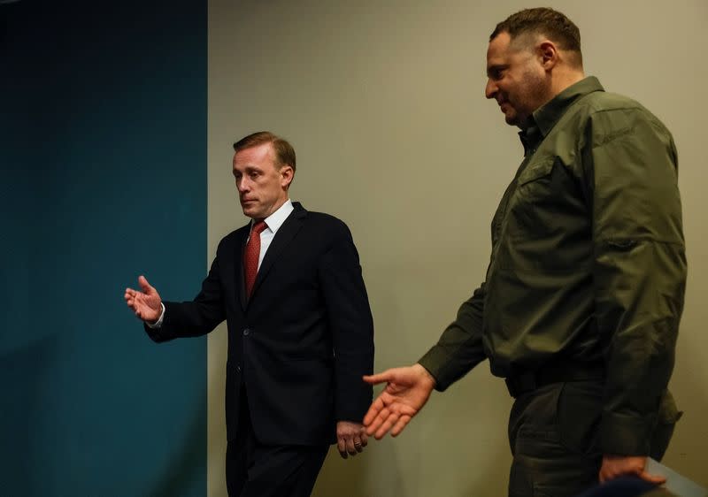 White House National Security Advisor Sullivan and Head of Ukraine's Presidential Office Yermak arrive to a news briefing in Kyiv