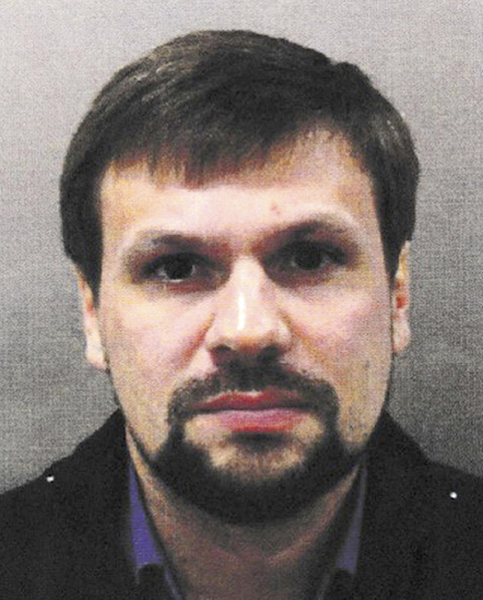 This undated handout file photo issued by the Metropolitan Police shows the Russian National named as Ruslan Boshirov. An online investigations group has published what it says is the real identity of one of the prime suspects in the Salisbury nerve agent attack. The investigative group Bellingcat says it has identified one of the two suspects in the poisoning of an ex-Russian spy as a highly-decorated colonel of the Russian military intelligence agency GRU. Bellingcat said Wednesday, Sept. 26 that the suspect whose passport name was Ruslan Boshirov is in fact Col. Anatoliy Chepiga. (Metropolitan Police via AP)