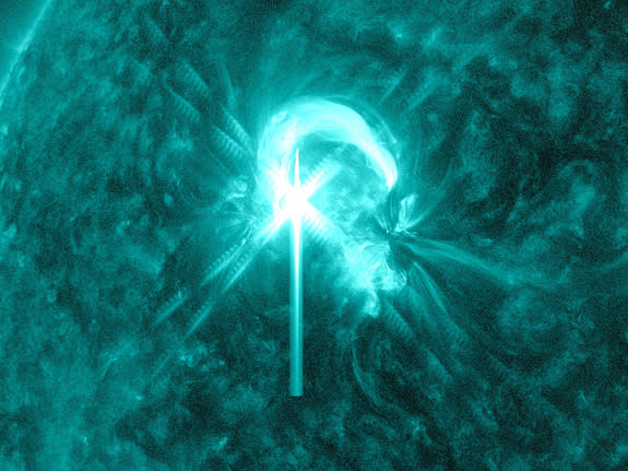 The sun unleashed an M4.7 class flare at 8:32 EDT on May 9, 2012 as captured here by NASA’s Solar Dynamics Observatory. The flare was over quickly and there was no coronal mass ejection associated with it. This image is shown in the 131 Angstro