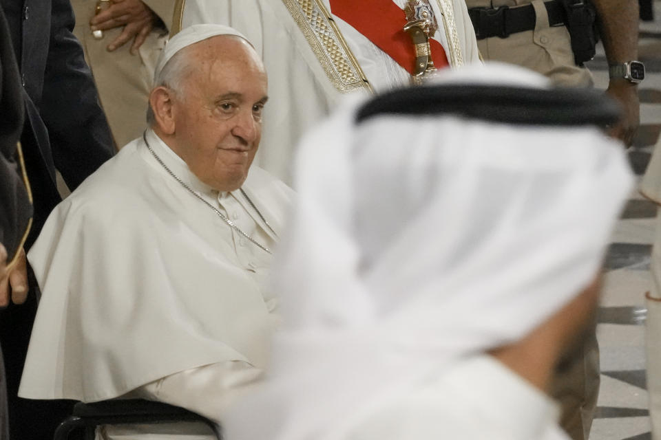 Pope Francis arrives at the Sakhir Royal Palace, Bahrain, to meet Bahrain's King Hamad bin Isa Al Khalifa, Thursday, Nov. 3, 2022. Pope Francis is making the November 3-6 visit to participate in a government-sponsored conference on East-West dialogue and to minister to Bahrain's tiny Catholic community, part of his effort to pursue dialogue with the Muslim world. (AP Photo/Hussein Malla)