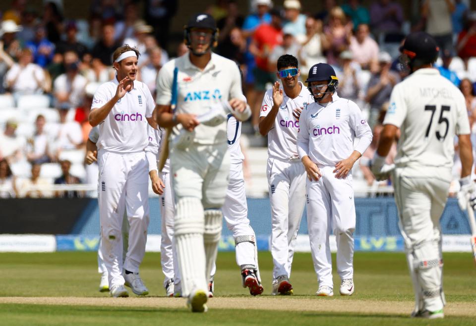 Kyle Jamieson walks away after falling to Stuart Broad (Action Images via Reuters)