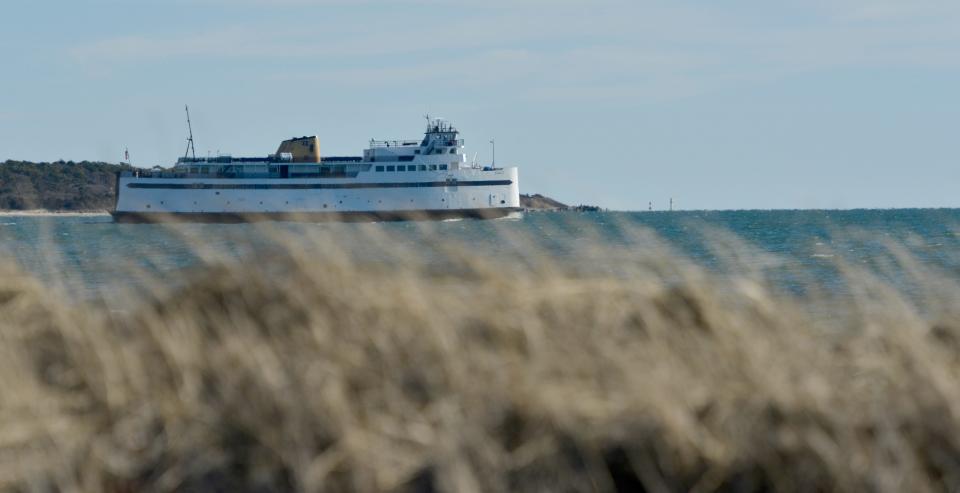 The Steamship Authority ferry, MV Eagle, passes Kalmus Beach in Hyannis and heads out to sea on its way to Nantucket on Feb. 20.