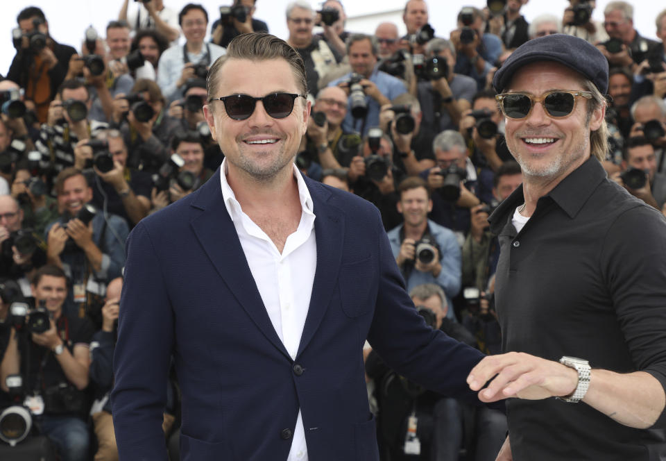 Actors Leonardo DiCaprio, left, poses for photographers at the photo call for the film 'Once Upon a Time in Hollywood' at the 72nd international film festival, Cannes, southern France, Wednesday, May 22, 2019. (Photo by Vianney Le Caer/Invision/AP)