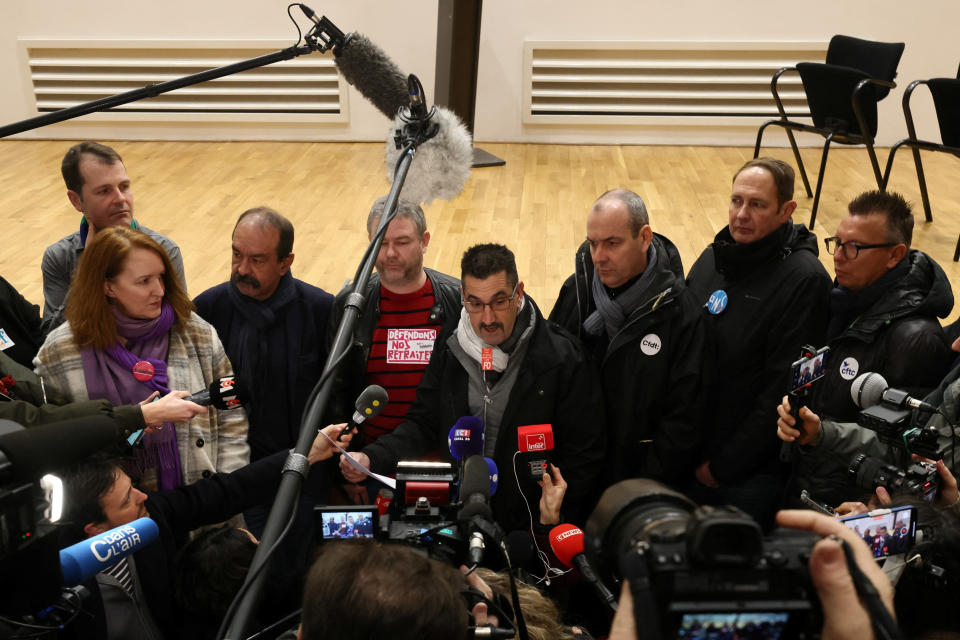 News conference of French labour unions ahead of the fourth national day of protests in Paris