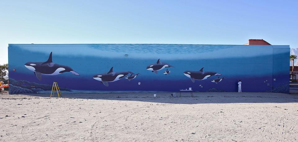 Artist John Coleman paints an orca mural on a building at 14-000 Palm Drive in Desert Hot Springs.