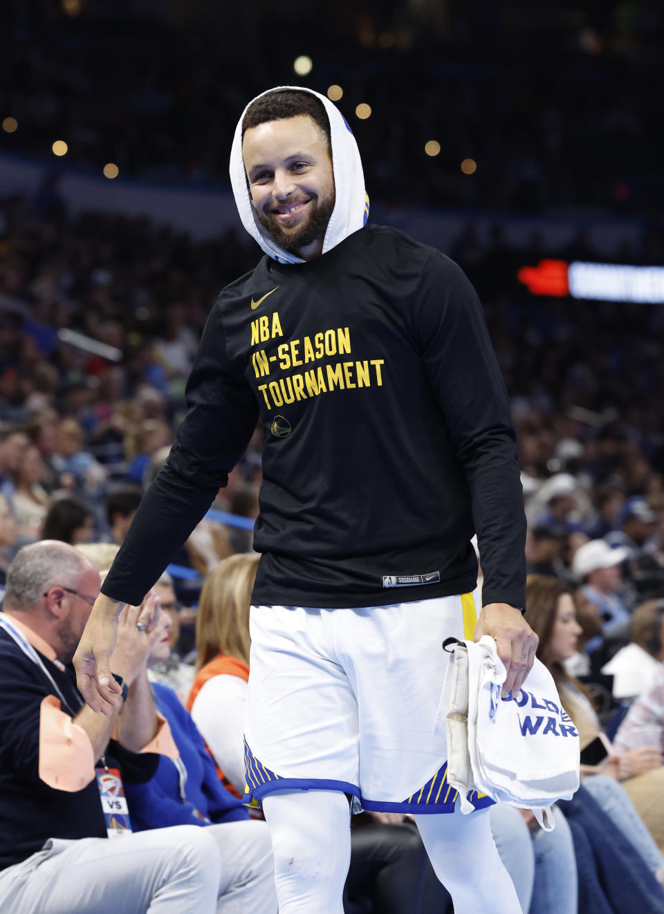 Nov 3, 2023; Oklahoma City, Oklahoma, USA; Golden State Warriors guard Stephen Curry (30) smiles during a time out against the Oklahoma City Thunder during the second half at Paycom Center. Mandatory Credit: Alonzo Adams-USA TODAY Sports