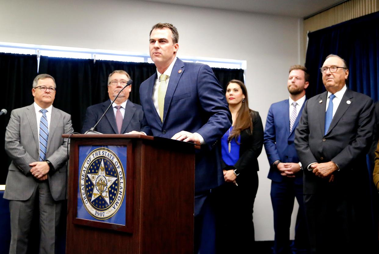 Gov. Kevin Stitt speaks after the Pardon and Parole Board read the names of 527 Oklahoma inmates recommend for commutation at the Kate Barnard Correctional Center in Oklahoma City in November 2019.