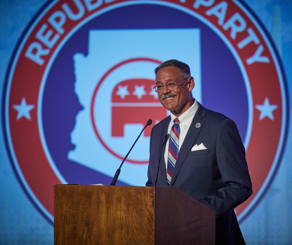 Arizona state Rep. Mark Finchem at the Arizona Republican primary debate for Secretary of State at the East Valley Institute of Technology in Mesa on June 9, 2022.