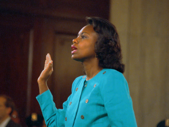 Professor Anita Hill is sworn-in before testifying at the Senate Judiciary hearing on the Clarence Thomas Supreme Court nomination