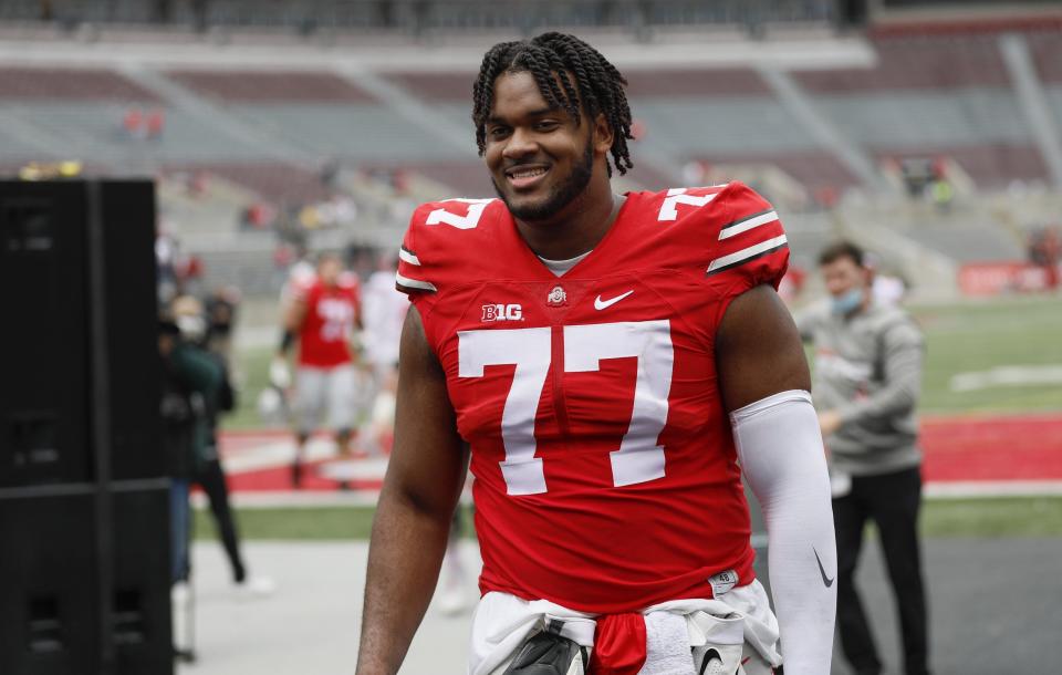 Ohio State's Paris Johnson leaves the field following April's spring game.