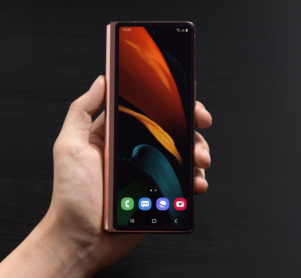 The front display on the Galaxy Z Fold2 is now nearly the full length of the phone, making it better for web browsing, scrolling social media, and watching videos. (Image: Samsung)