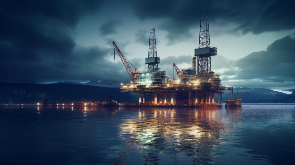 An oil rig under construction in the middle of a lake, its lights reflecting on the surrounding water.