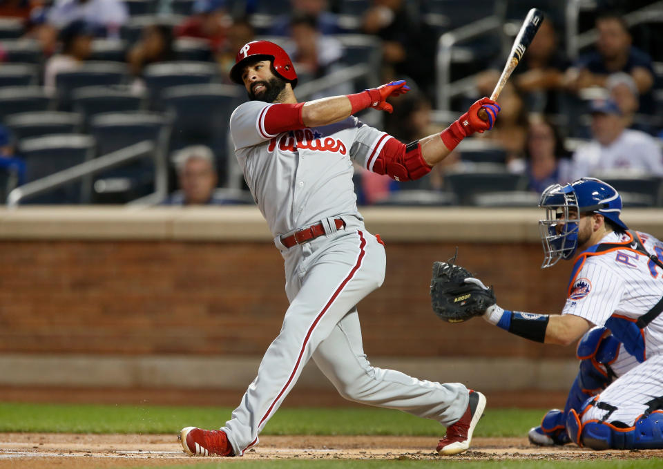 NEW YORK, NY - SEPTEMBER 07:  Jose Bautista #19 of the Philadelphia Phillies in action against the New York Mets at Citi Field on September 7, 2018 in the Flushing neighborhood of the Queens borough of New York City. The Phillies defeated the Mets 4-3.  (Photo by Jim McIsaac/Getty Images)