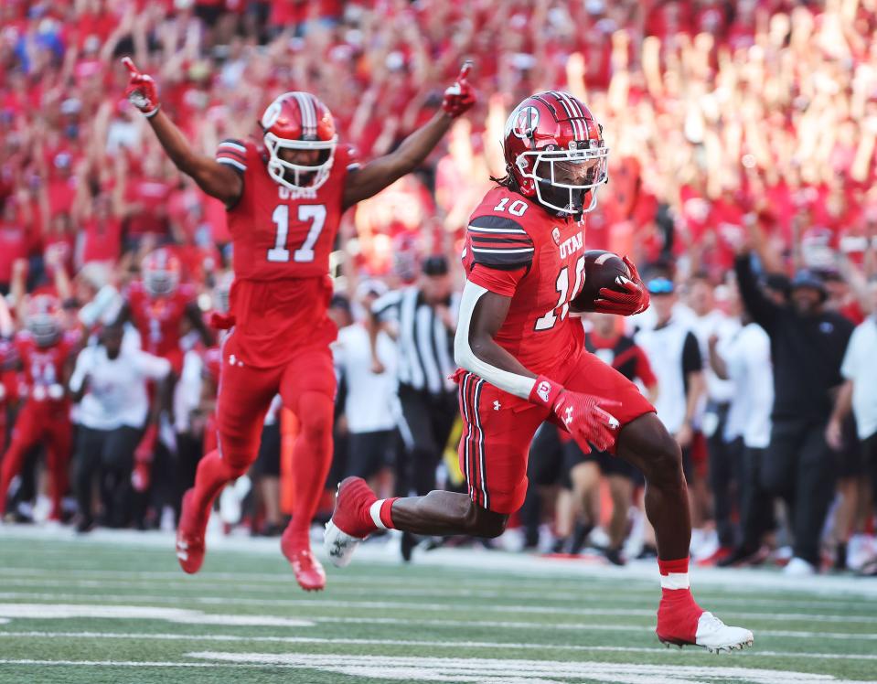 Utah Utes wide receiver Money Parks (10) runs for a touchdown after catch on the Utes first offensive play in Salt Lake City on Thursday, Aug. 31, 2023 during the season opener. | Jeffrey D. Allred, Deseret News